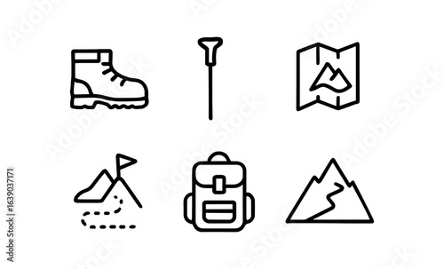 Minimalist outdoor adventure icons: hiking gear and map symbols in linear style