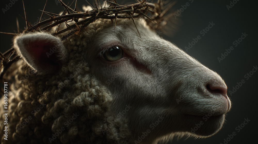 Fototapeta premium Lamb with Crown: A serene lamb, adorned with a thorny crown, its gentle gaze conveying a message of peace, faith, and sacrifice.