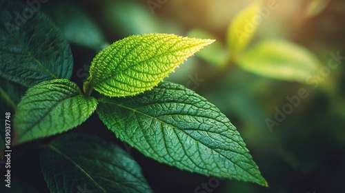 Close-Up View of Fresh Green Leaves with Textured Surface in Natural Light