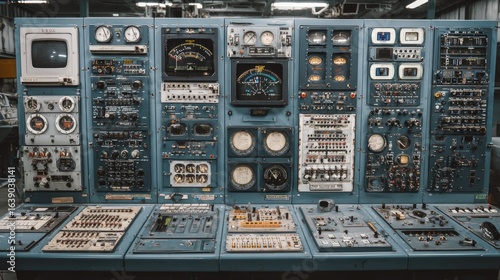 Vintage control panel with analog gauges, switches, and monitors in industrial setting showcasing retro technology and equipment