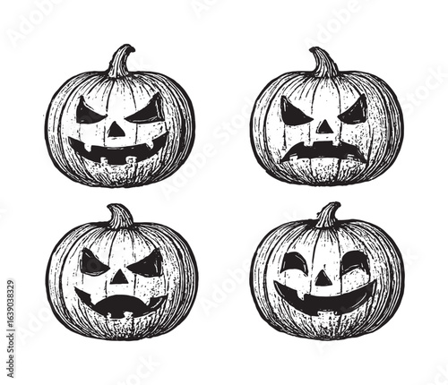 Vintage black-and-white sketch of Halloween jack-o’-lantern pumpkins with carved faces.