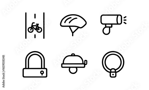 Simple bicycle gear icons: helmet, lock, light, bell, lane marking