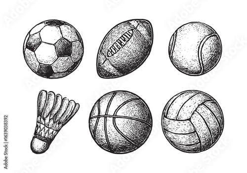 Vintage black-and-white sketch set of various sports balls and shuttlecock.