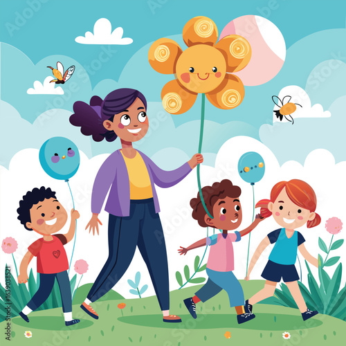 Teacher leading smiling children with balloons on a park walk, outdoor fun and field trip, cartoon vector illustration