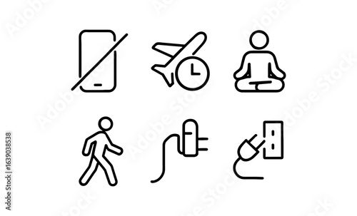 Minimalist icons for travel, meditation, and technology themes