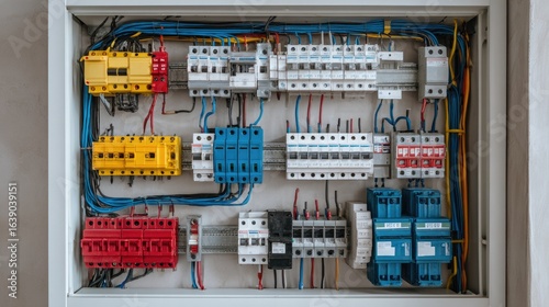 Electrical circuit distribution board with wires and breakers in a modern building installation