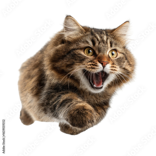 Playful tabby cat in mid-leap