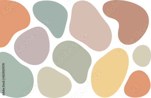 Aesthetic arrangement of organic abstract shapes in a pleasing palette of muted earthy tones and pastel colors creating a modern minimalist background