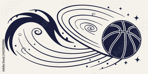 Abstract Basketball Swirling Through Cosmic Space with Stars and Swirls