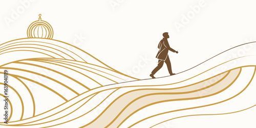 A lone figure walks across a stylized landscape with a golden dome structure