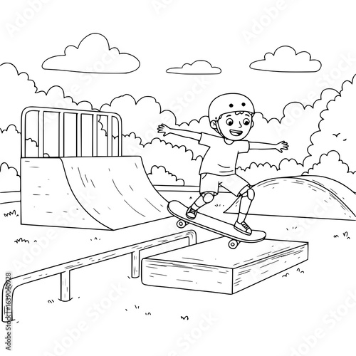 Young skater silhouette shows off skills at skatepark ramp, a fun and exciting outdoor activity