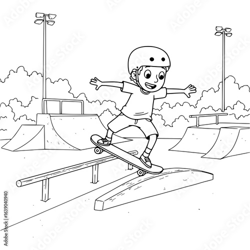Dynamic silhouette of skater performing trick at skatepark ramps, action sports illustration