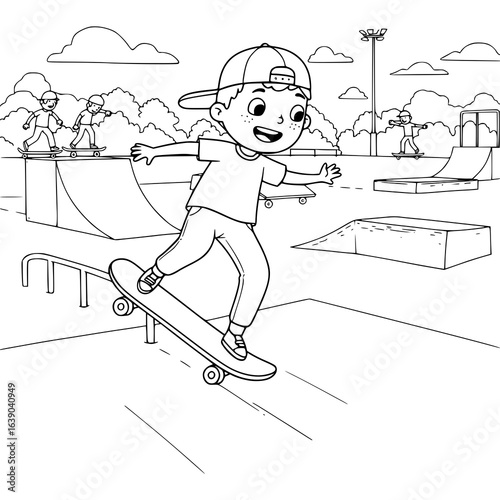 Dynamic silhouette of kids skateboarding at skatepark, youth sports and recreation excitement