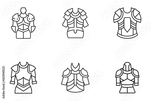 Collection of Six Line Art Illustrations of Knight Armor Fantasy Medieval Protection Gear for Role Playing Games or Design Projects