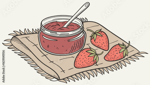 Strawberry jam recipe homemade canning tutorial with fresh strawberries and spoon on rustic cloth 100