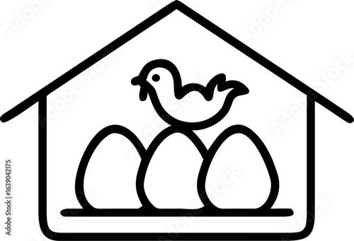Charming illustration of a rustic chicken coop filled with fresh eggs and happy hens