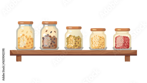 Pantry organization with glass jars on wooden shelf for food storage and kitchen decor ideas and home organization