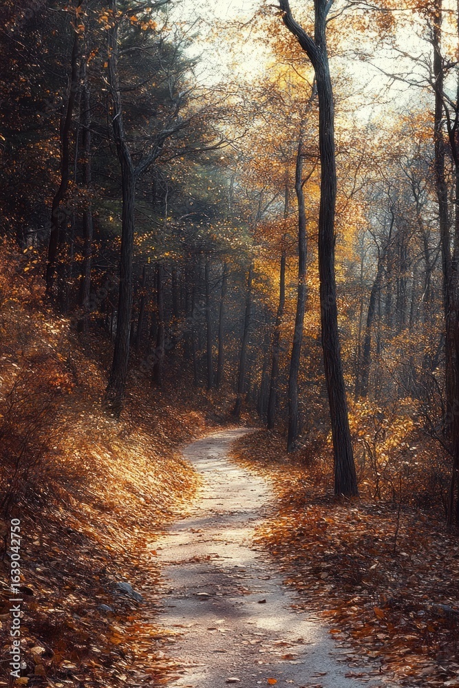 Fototapeta premium Winding forest path covered with fallen autumn leaves surrounded by tall trees with golden foliage in soft, warm light