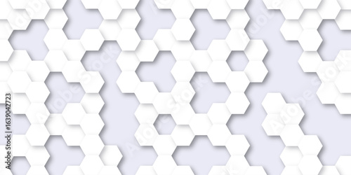 The white hexagons are elevated casting subtle shadows on the lilac background, The pattern is consistent across the entire image.