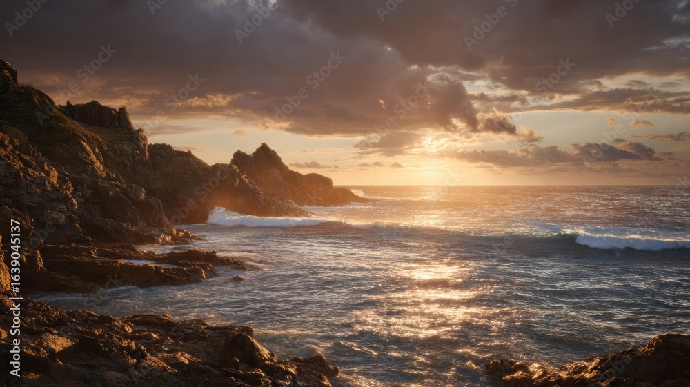 Obraz premium Dramatic coastal sunset over rocky shoreline. AI image