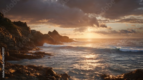 Dramatic coastal sunset over rocky shoreline. AI image