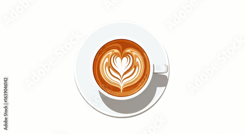 A cup of coffee with beautiful heart-shaped latte art, top view. Flat lay illustration of a cappuccino drink isolated on white background.