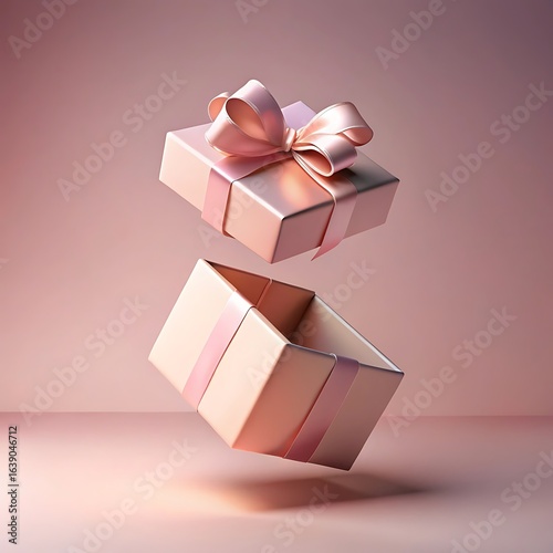 A rose gold gift box with a pink ribbon and bow, floating open with the lid above, against a soft pink background