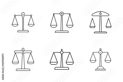 Conceptual Vector Illustration of Scales of Justice Depicting Legal Balance and Law Enforcement with Six Different Minimalist Designs