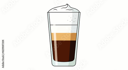 Vector illustration of a layered coffee drink in a tall glass. An icon representing a latte macchiato for a cafe menu.