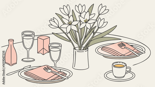 Elegant table setting with flowers wine glasses and tableware for dining illustration vector design