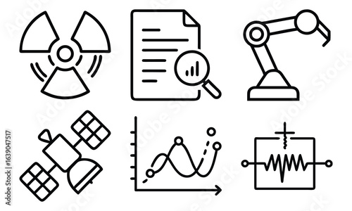 Science and Laboratory Line Icons Chemistry, Physics, Biology, Space, Robotics, Data, and Medical Vector Icon Set for Education, Research, and STEM Projects