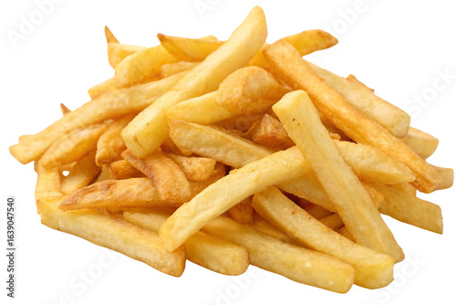 Pile of golden French fries isolated on a white background.