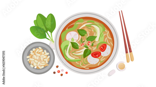 Delicious ramen noodle soup bowl with vegetables and egg illustration for food blog and recipe website