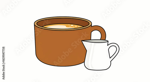 Minimalist illustration of a brown coffee mug and a white creamer pitcher, representing a cozy morning beverage or a relaxing break.