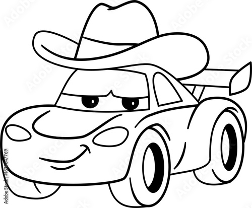 Cartoon racecar wearing a playful cowboy hat