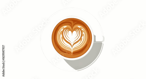 Top down view of a a coffee cup with heart shaped latte art. Aromatic cappuccino or latte isolated on white for a cafe concept.