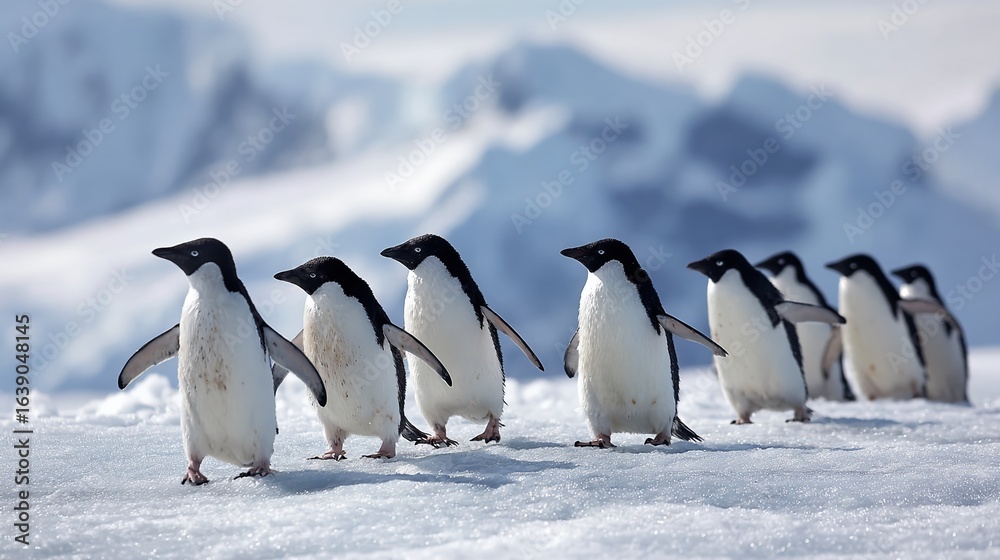 Fototapeta premium Majestic Penguins Waddle Across a Pristine Ice Field A Stunning Display of Avian Majesty