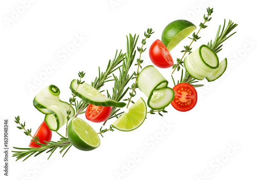 Dynamic Stream of Fresh Herbs and Vegetables for a Salad
