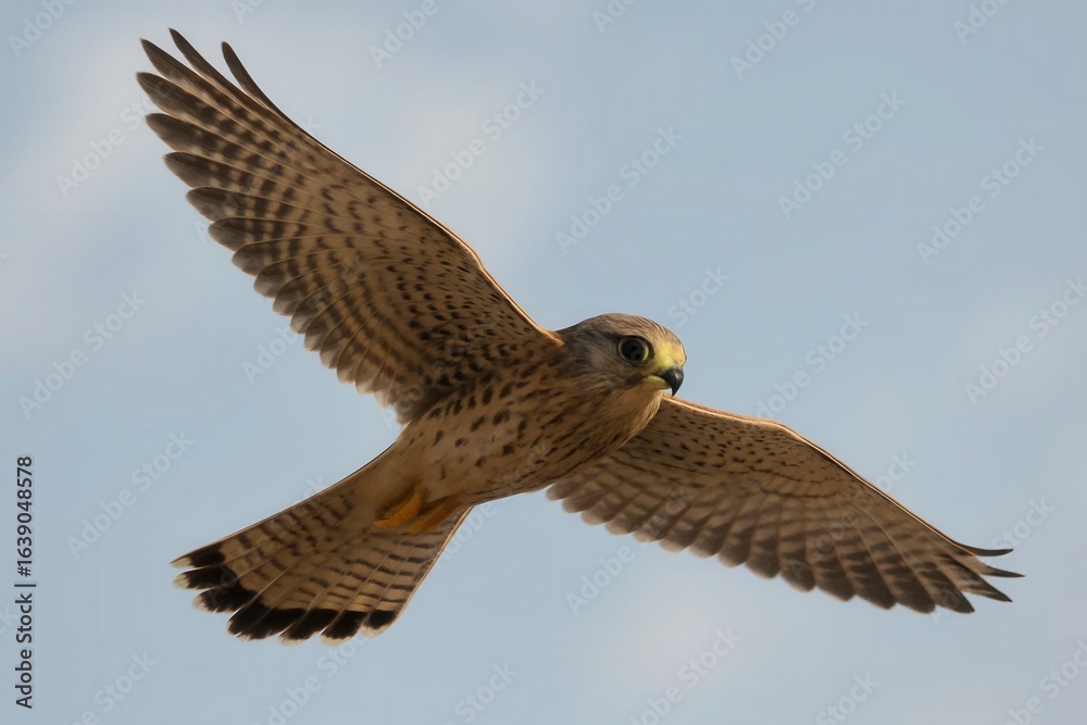 Obraz premium A majestic hawk soars through the clear blue sky