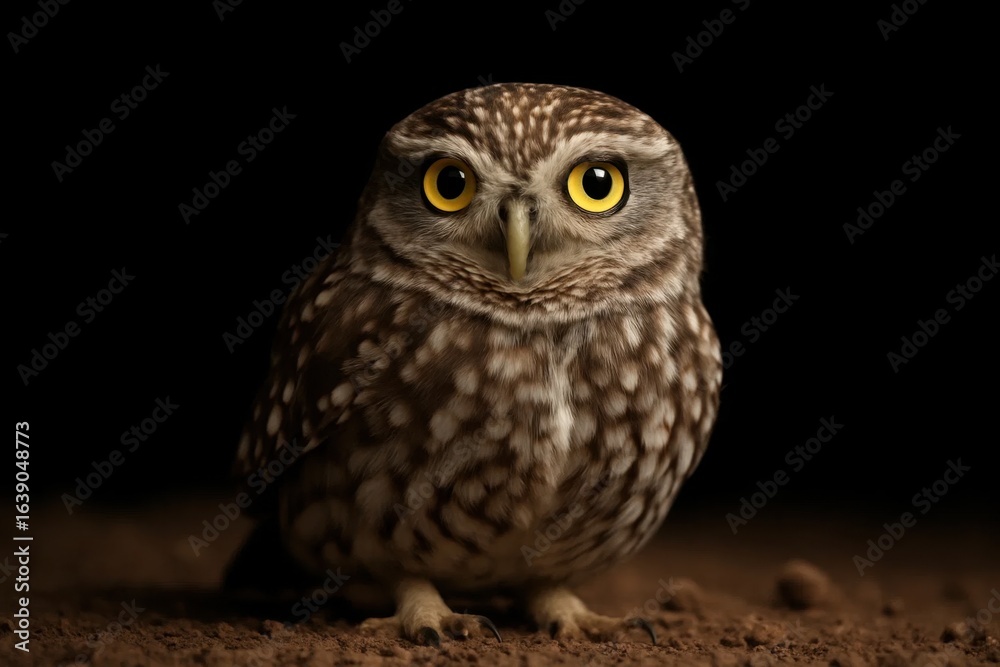Fototapeta premium Amidst the shadows of night, a wise owl gazes with piercing yellow eyes, embodying the mystery and power of nature