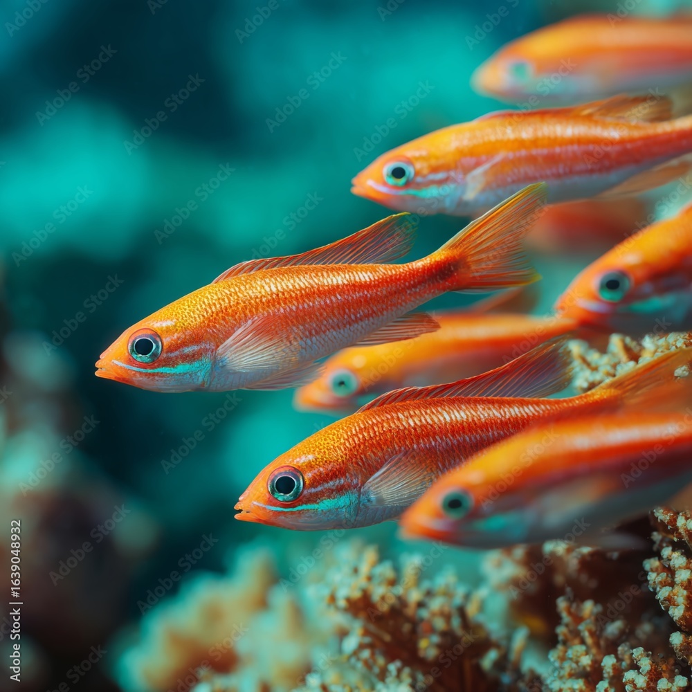 Fototapeta premium A Stunning School of Firefish in Perfect Formation A Captivating Underwater Scene of Oceanic Harmony