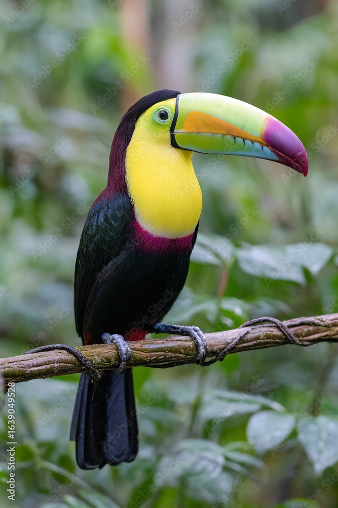 Fototapeta premium Vibrant Toucan Perched A CloseUp of a Colorful Birds Enormous Beak Against a Natural Background