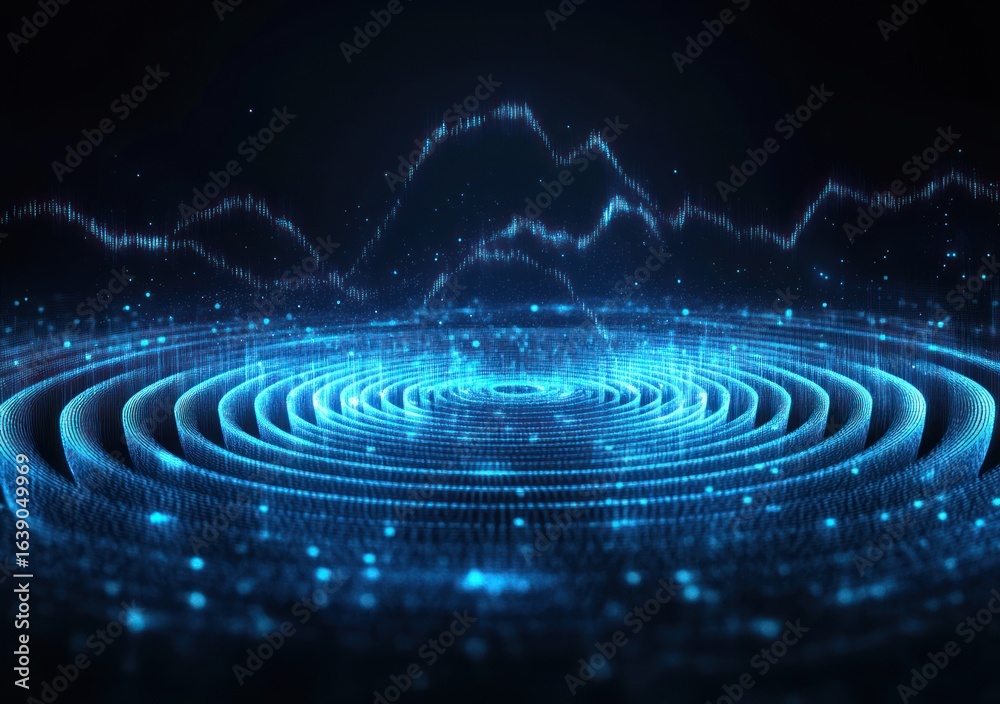 Fototapeta premium Glowing blue digital concentric circular waves and particle data points forming a futuristic holographic interface with floating waveforms above a dark background