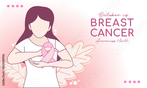 National breast cancer awareness month banner background, a woman holding a pink ribbon