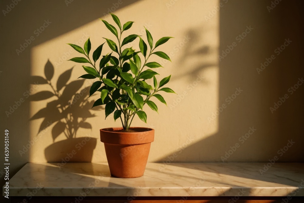 Fototapeta premium A lush green plant thrives in a terracotta pot on a sunlit windowsill, casting a warm glow and creating an inviting space