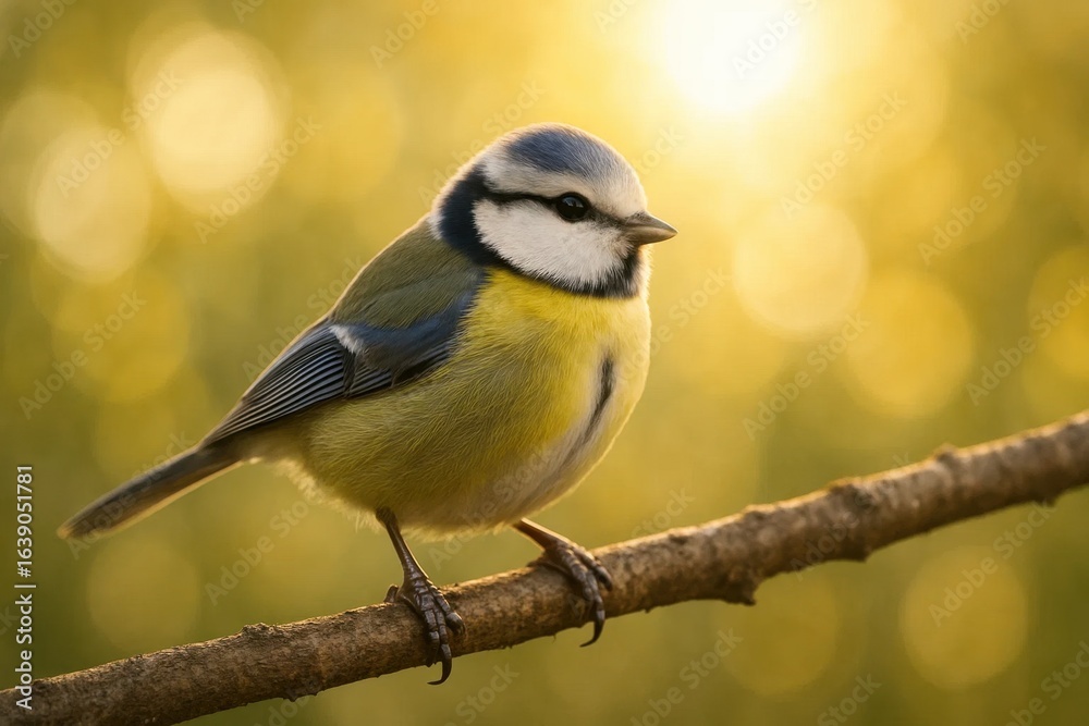 Fototapeta premium A blue-and-yellow European Tit perches on a branch, basking in the warm glow of sunrise