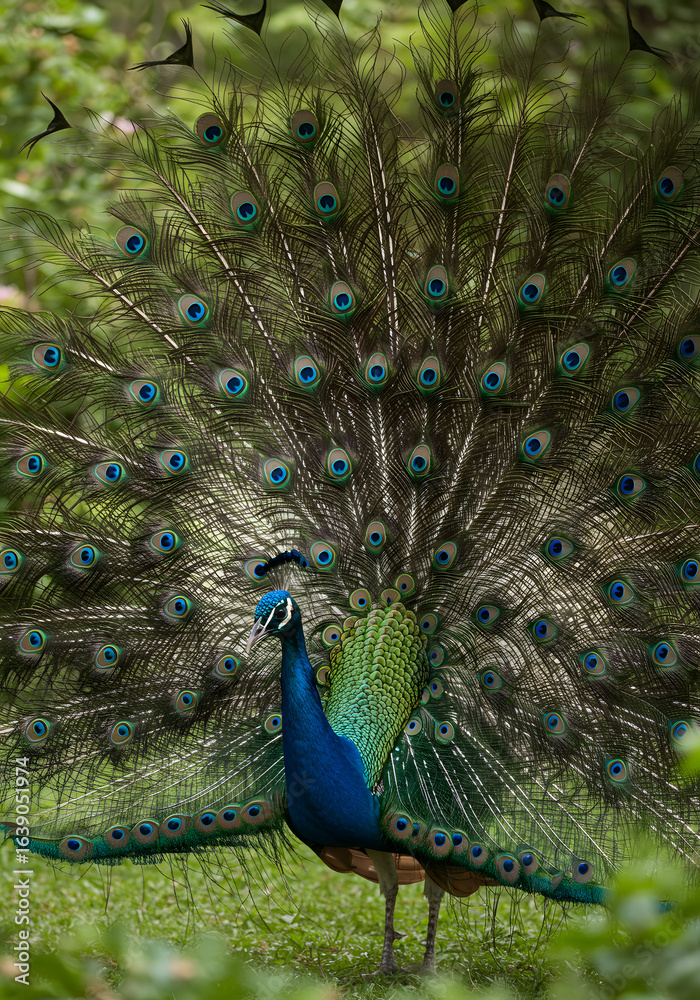 Obraz premium A vibrant peacock displaying its iridescent tail feathers, standing proudly amidst foliage.