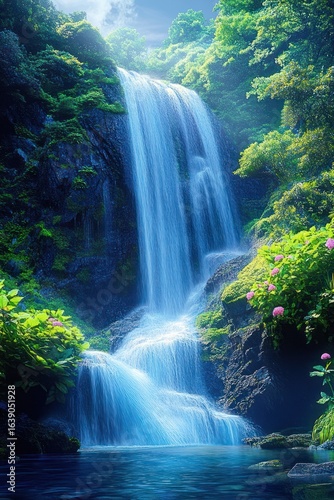 A serene waterfall cascades down rocky cliffs surrounded by lush green trees and blooming pink flowers under a bright, clear sky