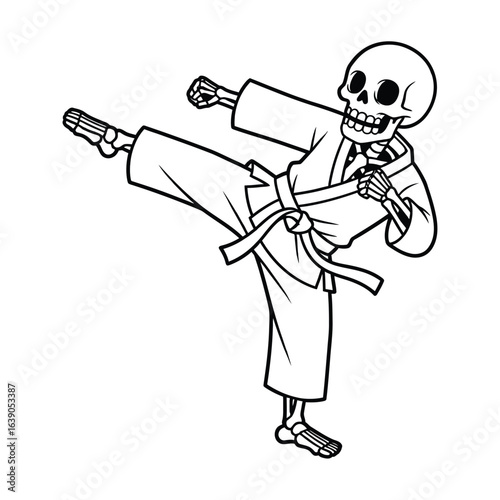 A skeleton is practicing karate, isolated on white background he is wearing a karate uniform and is in a fighting stance, ready to kick