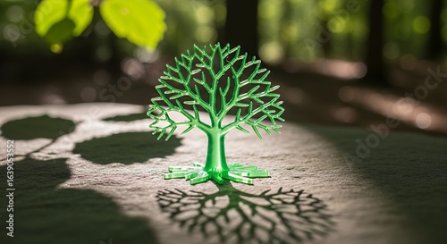 Green 3D Printed Tree Model Casting Shadow in Sunlight Symbolizing Sustainability and Eco-Friendly Technology